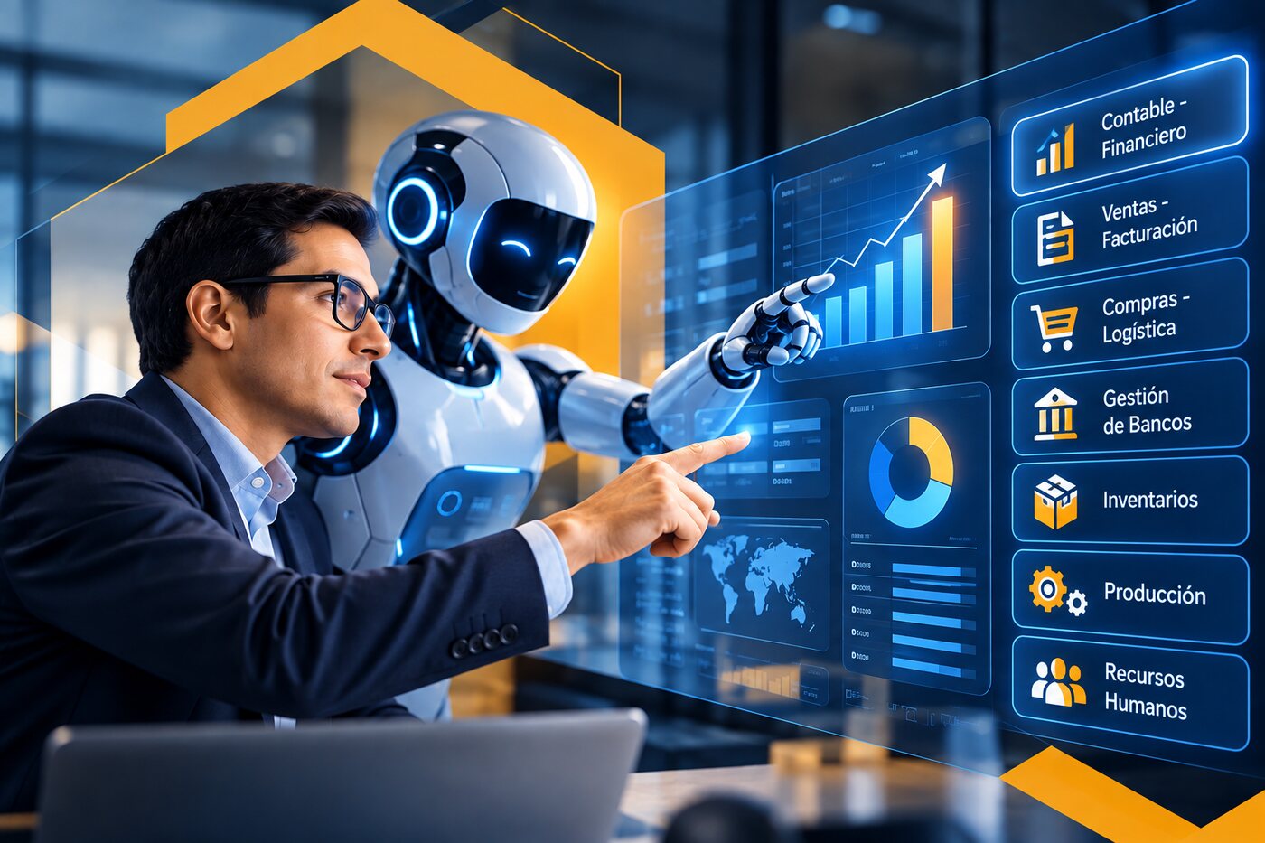 Professional and robotic assistant working on an ERP dashboard with the Accounting and Finance, Sales, Purchasing and Logistics, Banking, Inventory, Production and Human Resources modules