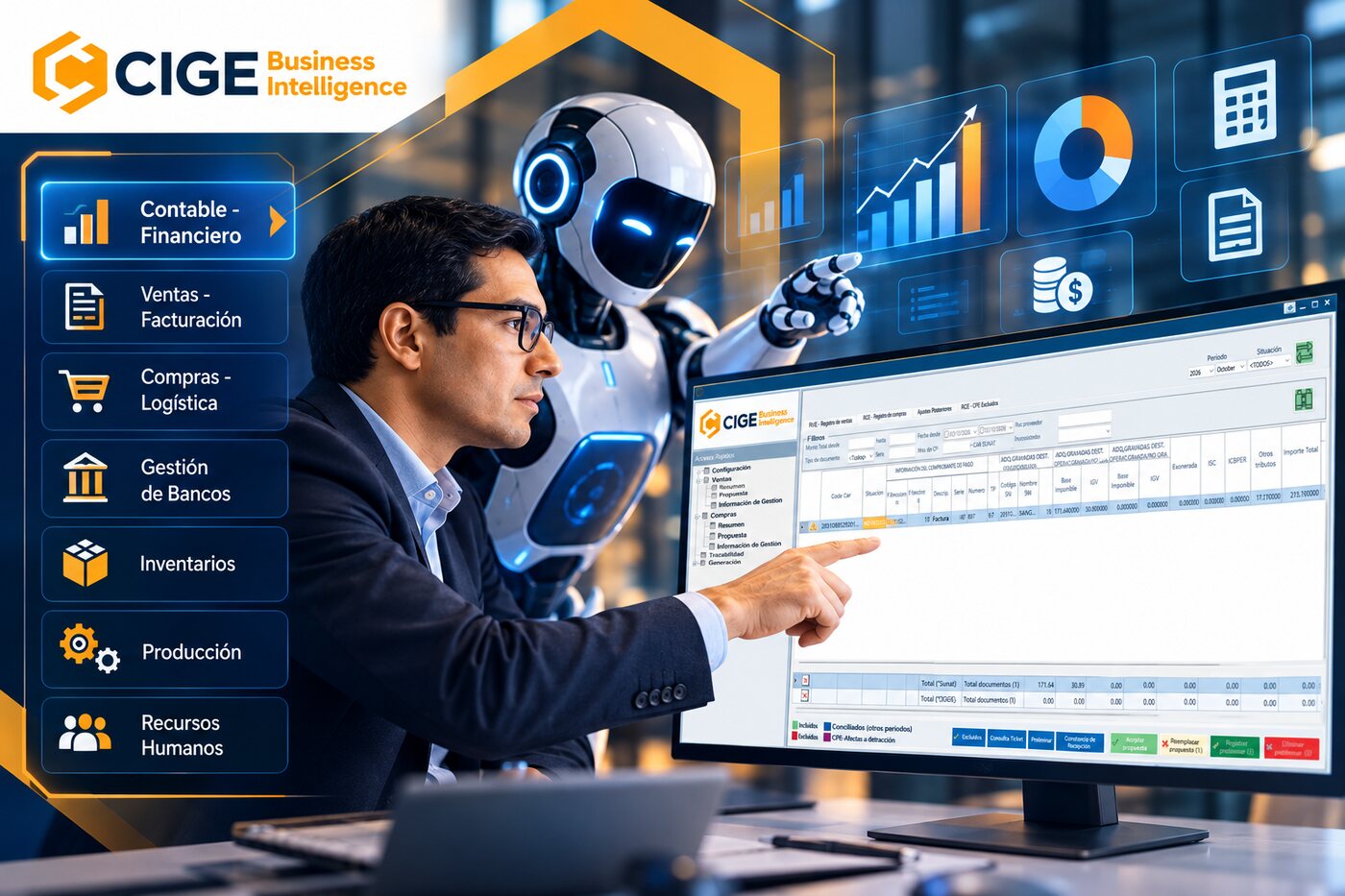 Profesional revisando el registro de ventas y compras con SIRE en CIGE Fi, junto al menú de los 7 módulos de CIGE Business Intelligence
